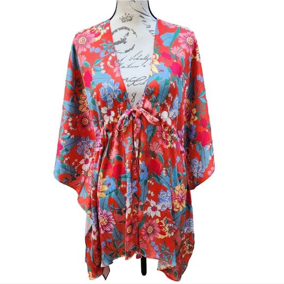 Umgee Dresses & Skirts - UMGEE U.S.A. NWT Tangerine & Light Blue Floral Side-Slit Tie-Waist Kimono size S